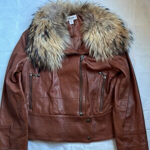 Preston &York women’s brown leather and fur jacket szM